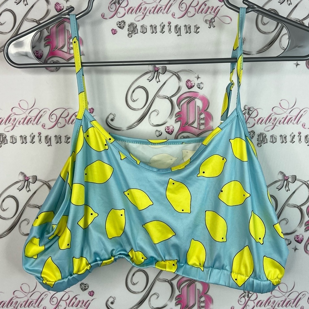 SHEIN cropped tank top lemons smocked Light Blue and Yellow Patterned Top